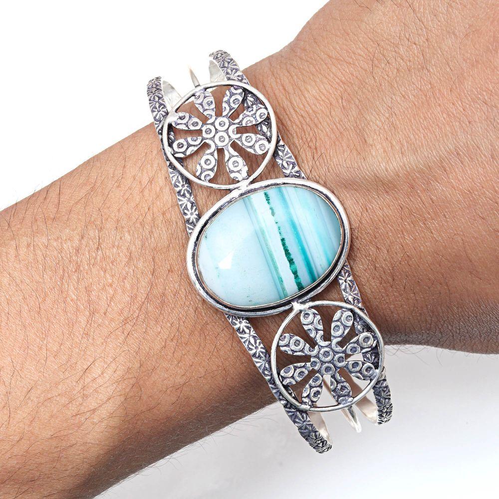 Green Botswana Agate Gemstone Silver Jewelry Cuff Bracelets 7''Adjustable