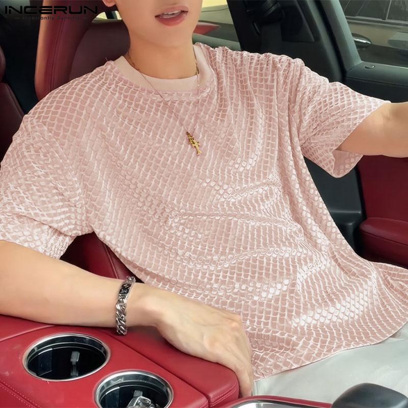 INCERUN Men Summer O Neck Short Sleeve Texture Casual T-shirts Tops