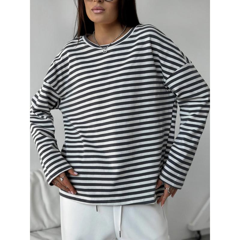 

Elegant Striped Knitted Round-Neck Women S T-Shirt, New Autumn And Winter Niche Versatile Long-Sleeve Top For Women L чорний