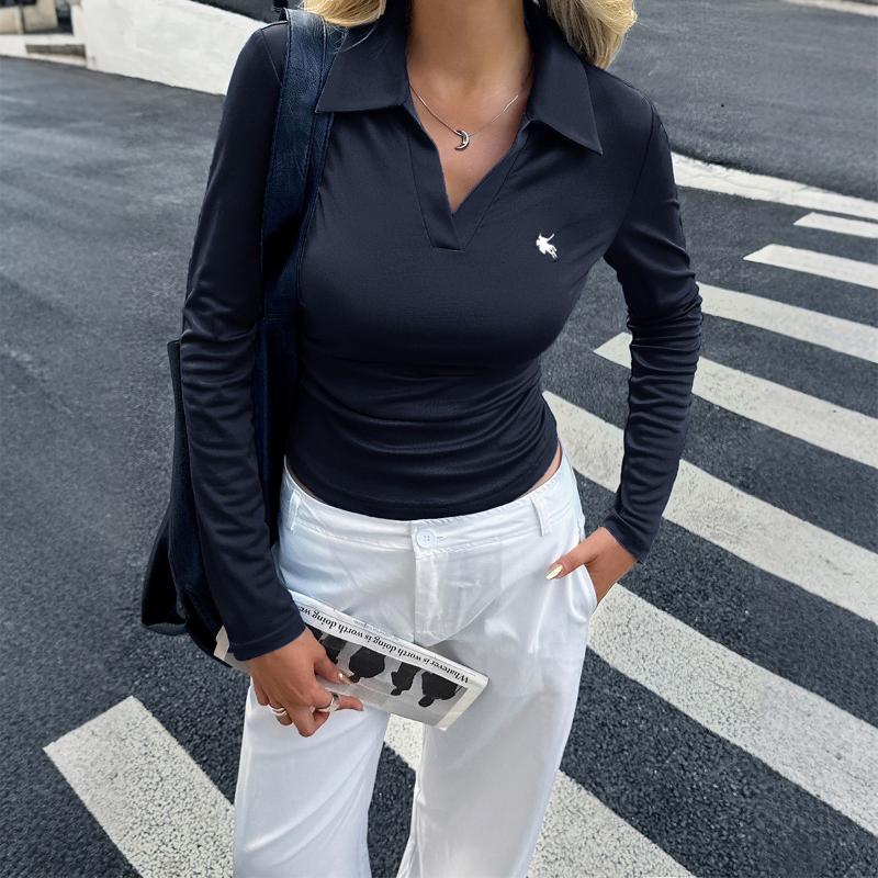 

Casual Commuting Solid Color Long-sleeved Shirt T-shirt Women s Top M темно-синього кольору