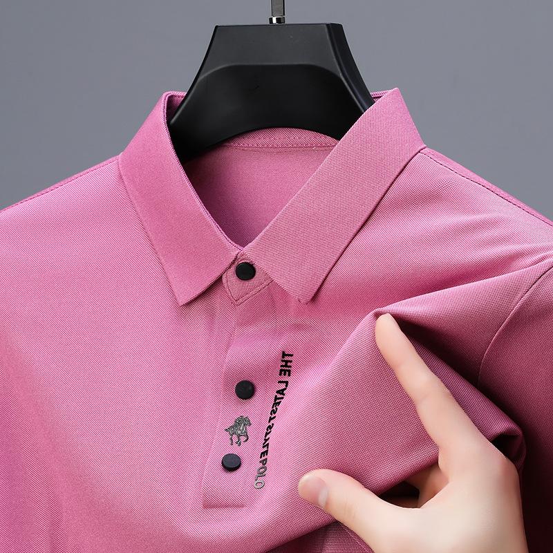 Ice Silk Embroidery Polo Shirt Summer Lapel Elasticity T-shirt Korean Fashion Short Sleeve Business Casual Men Clothing