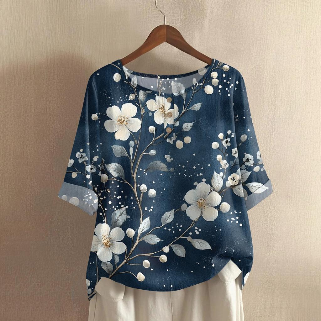 Women's Fashionable And Casual Shirt Half-sleeve Round Neck Print Blouse Top