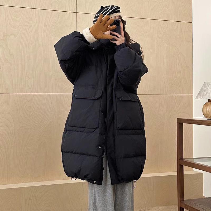 

Довгий білий пуховик жіночий 2025 зимова мода талія і тонкий великі кишені для збереження тепла вище коліна потовщене пальто M чорний
