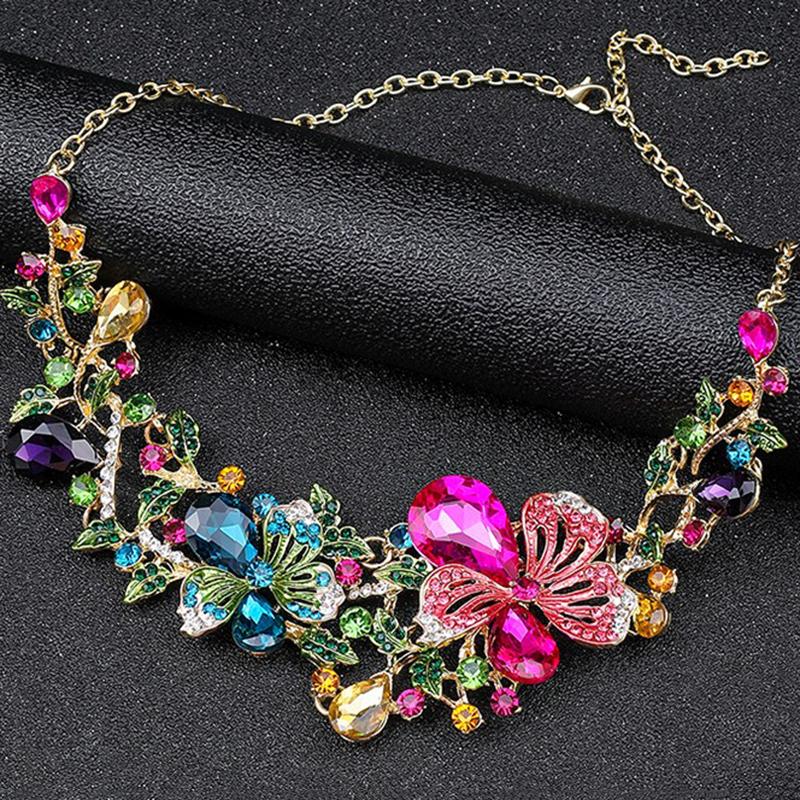 3pcs Classical and Elegant Colored Flower Necklaces and Earrings Set with Zircon Inlay For Dinner Red Carpet Accessories