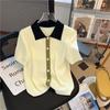 Camiseta de Verano Elegante para Mujer con Cuello Polo Bloques de Color Seda Helada Manga Corta, Jersey de Cuello Redondo, Top de Hombro Recto, Top de Punto
