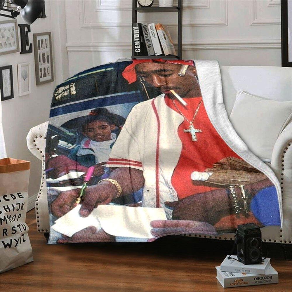 1pc 2PacHip Hop Blanket Soft Lightweight All Season Multi Purpose Throw for Sofa, Bed, Office & Picnics, French Style with Iconic Album Art & Quotes