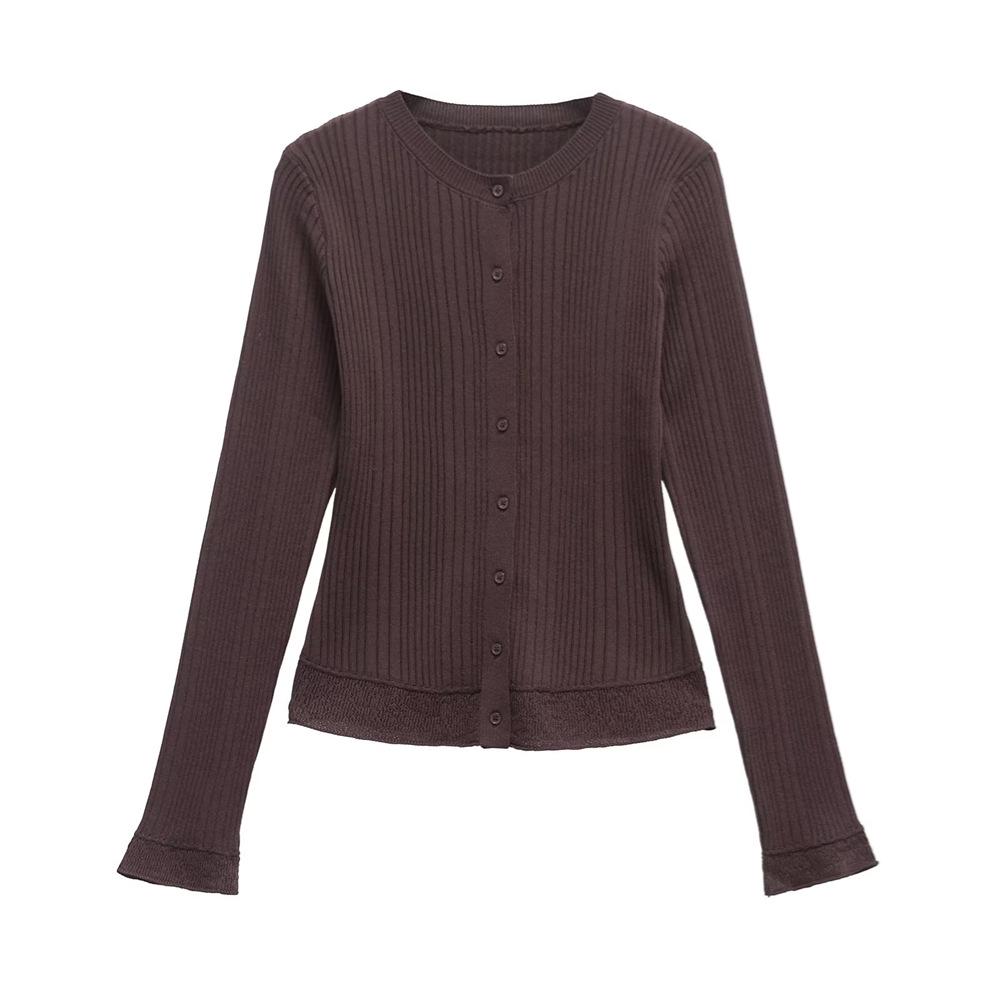 

Весна 2025 Женский приталенный кардиган из трикотажа в рубчик с круглым вырезом и длинными рукавами Medium каштановый
