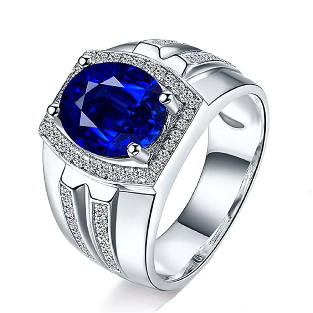 12mm Wide Blue Zircon Adjustable Men Ring Copper Plated Platinum Male Finger Jewelry Size 6