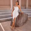European and American Waist Show Figure Fashion Dress Independent Station Oblique Neck Split Ruffle Edge Irregular Dress