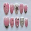 24PCS Sweet Cool Almond False Nails Pink Blush Star Patterns French Press On Nails Full Cover Metallic Silver Wearable Fake Nail