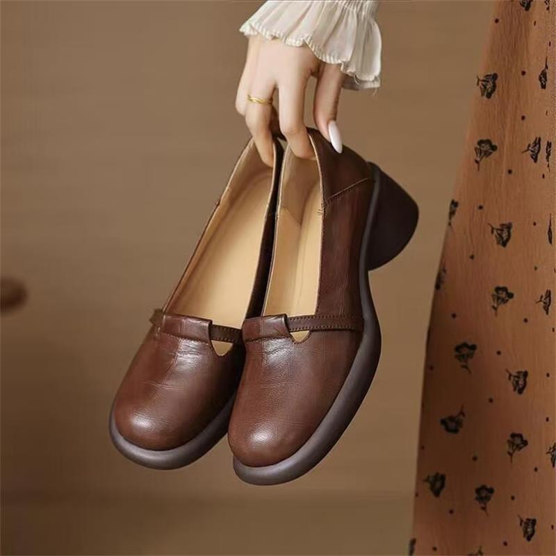 Soft Leather Round Head Thick Heel Single Shoes Women's 2025 New Autumn Retro Style Medium Heel Small Leather Shoes Brown Medium Heel Work Shoes
