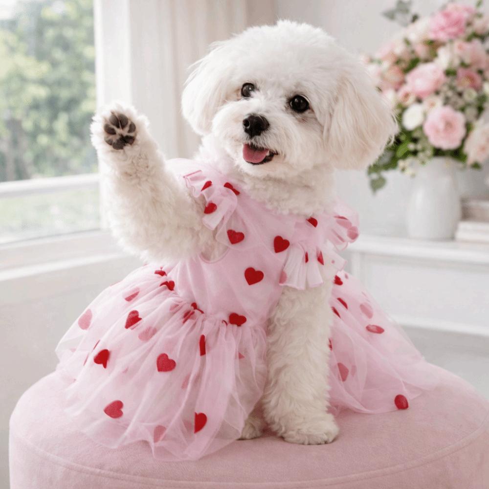 Thin Breathable Dog Summer Vest Heart Printed Puppy Wedding Dress Dog Tulle Skirt  Party Outfits