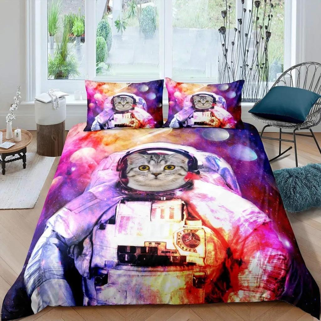 Galaxy Cat Duvet Cover Set Microfiber Universe Galaxy Bedding Set Cute Kitten Comforter Cover Outer Space Planets Quilt Cover