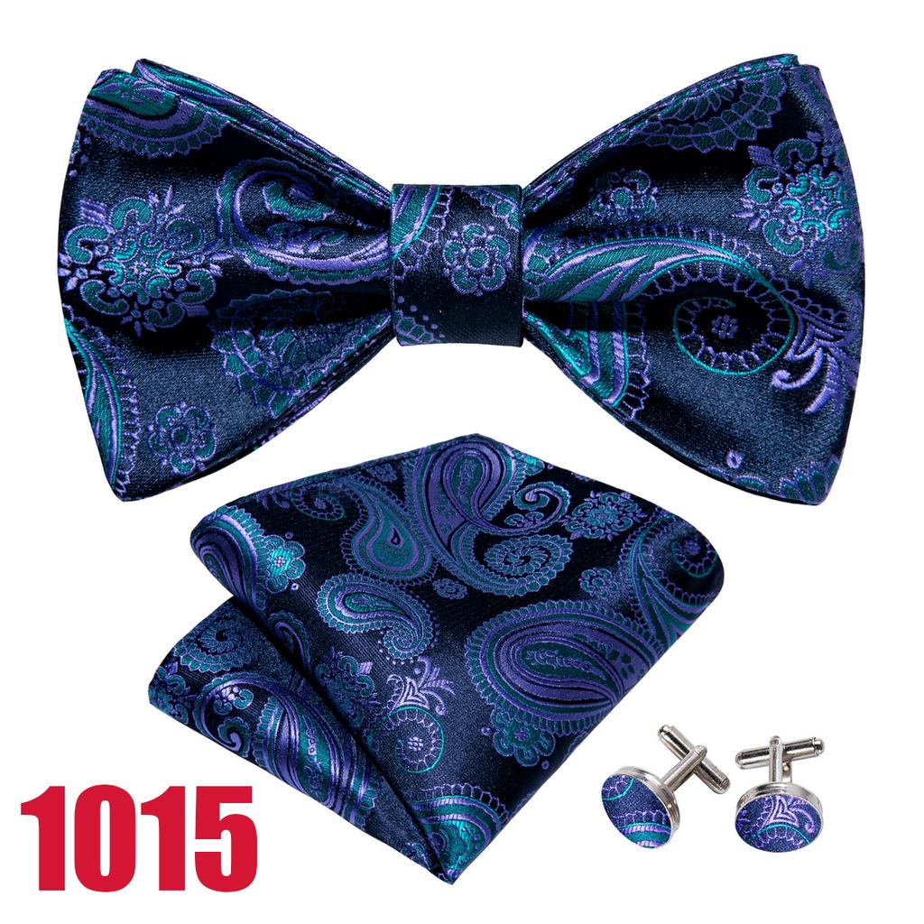 Barry.Wang Herren-Krawatten-Set aus gewebtem Satin, Jacquare-Seide, florales Fliege-Einstecktuch-Manschettenknopf-Set