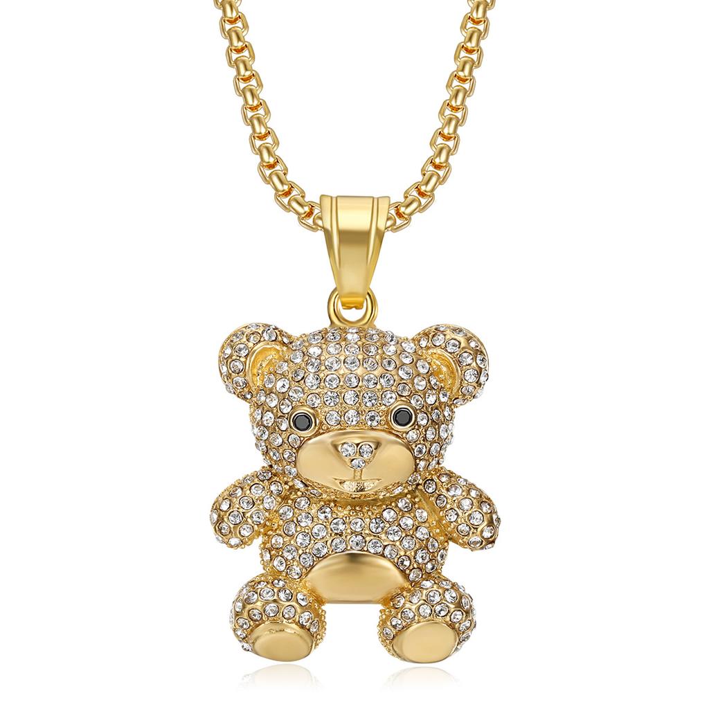 Hot-selling Hip-Hop Jewelry Titanium Steel Gold-plated Diamond-studded Bear Pendant Necklace