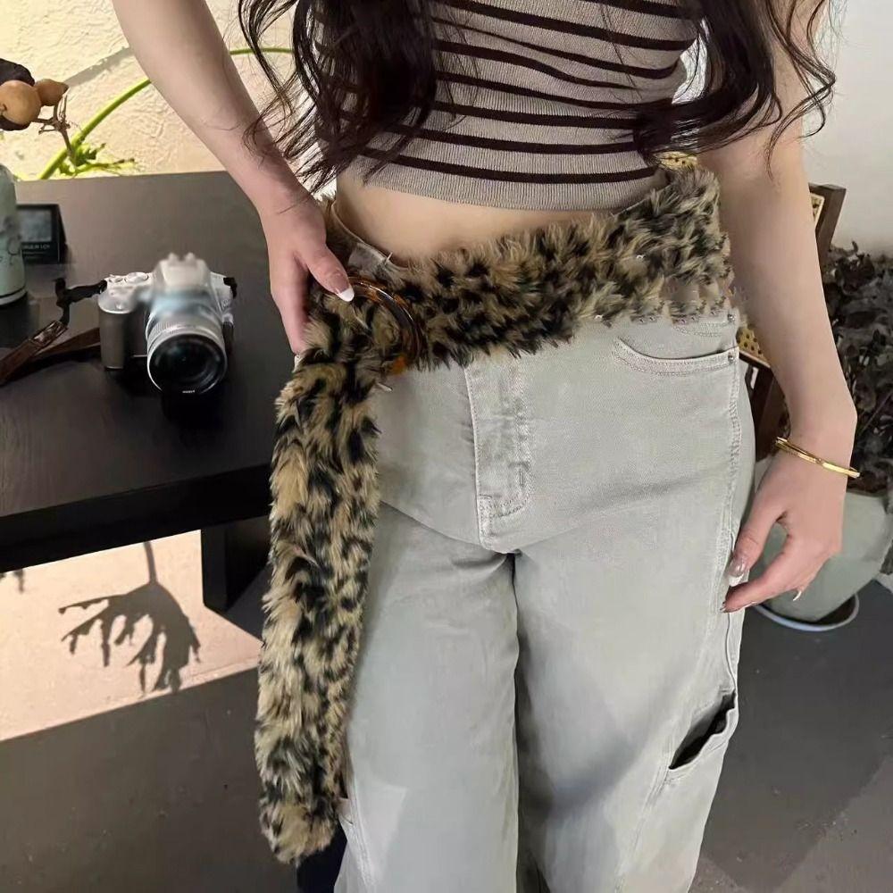 Jeans Decor Leopard Print Plush Belt Furry Jazz Dance Costumes Accessory  Streetwear