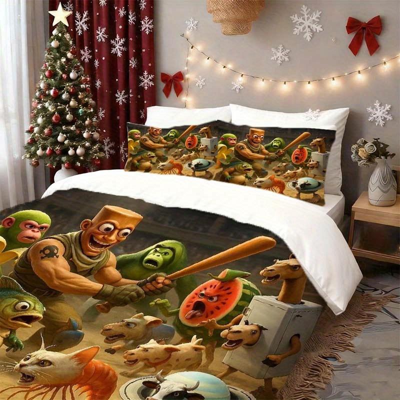 

3Pcs Italian Brain Corruption Arena Muscle Stake Vs. Anthropomorphic Animal Absurd Duel Bedding Set, Exquisite Pattern Print Duvet Cover Set&EU Single(135x200cm)