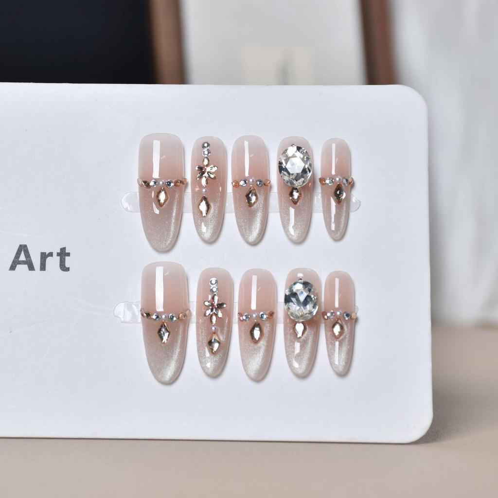 Handmade Cat Eye Nail Tips, Medium-Long, Nude, Exquisite High-End Feel