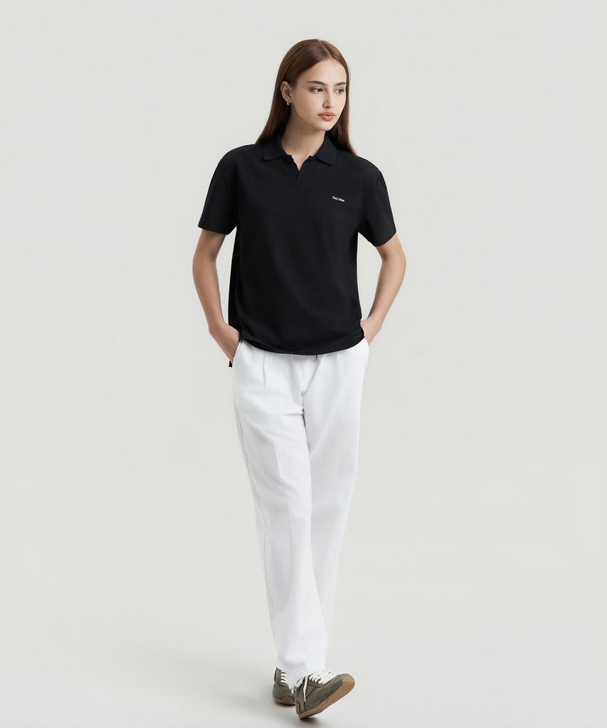Delma W Linen Touch Semi-Wide Elastic Waist Pants - White