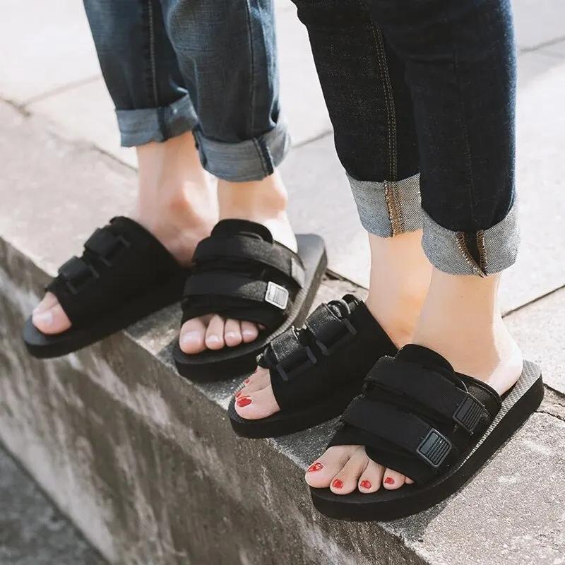 Fashion Summer Outdoor Men Slippers Hook&Loop Canvas Casual Couple Shoes Slip-on Beach Slippers Sandals Women Shoes Flip Flops Hombre