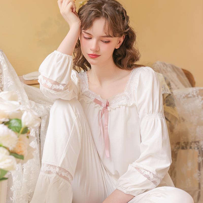 Women's Embroidered Lace Cotton Pajamas - Long Sleeve French Court Style for Spring and Autumn