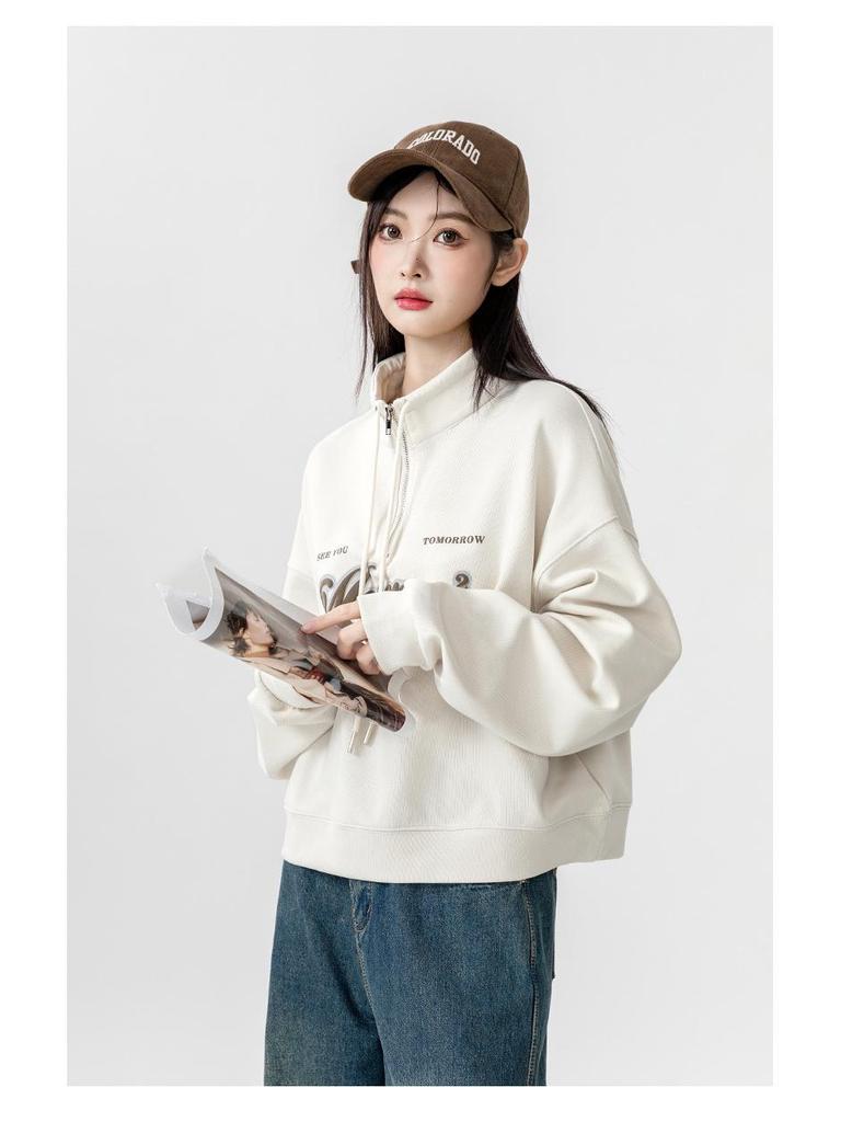 Europäischer Stil Stehkragen High Waist Sweatshirt für Damen - Übergröße, Schlankmachend, Lockere Passform, Kurzes Oberteil für Frühling & Herbst 2025