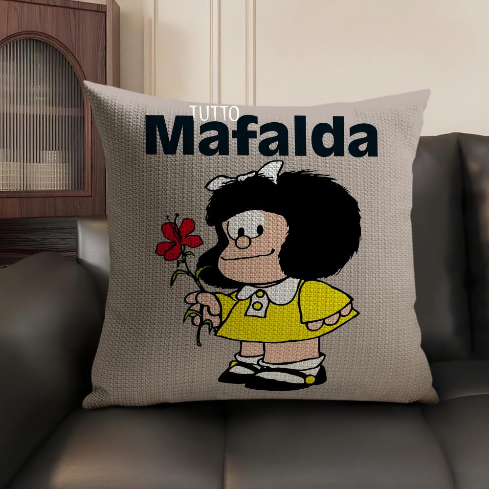MMafalda Cartoon Cute Cushion Cover Natural Linen Organic Fabric DoubleSided Printing Sofa Home Decor Gift Pillow Case