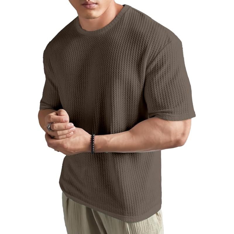 SHODOX Mens Solid Dotted Unique Design Oversized Tshirt for Men - Round Neck Loose Fit Drop Shoulder Mens T-Shirt Coffee