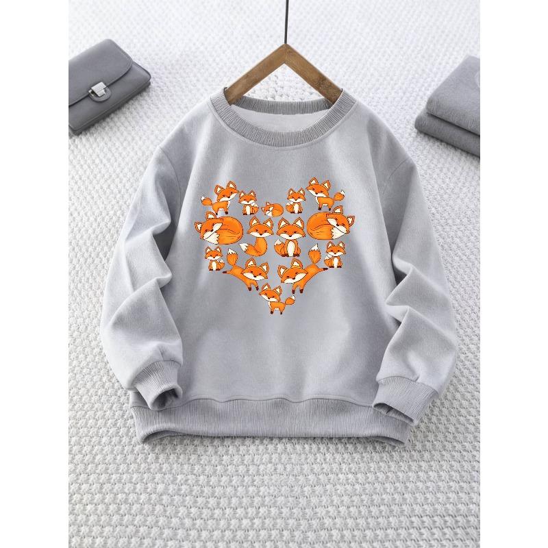 Kids Crewneck Sweatshirt, Fox & Heart Print Casual Fit Long Sleeve Top for Fall Winter Outings