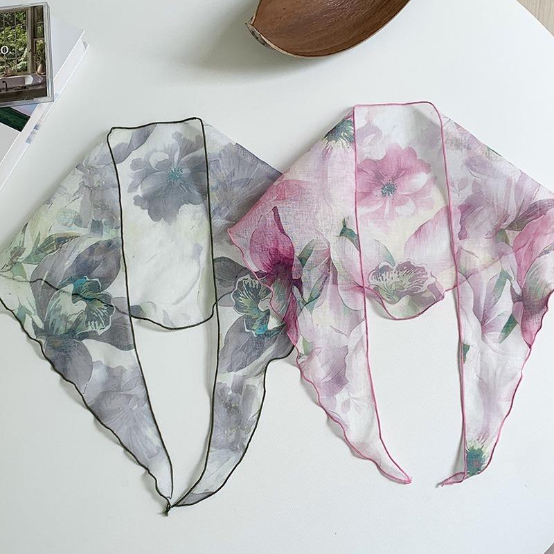 Cotton and Linen Triangle Scarf Headscarf Women's New Ink-dyed Flower New Versatile Literary Decorative Scarf Headband
