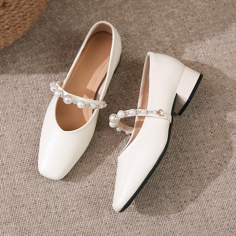 

2025 Новая женская мода Туфли на квадратном каблуке Весна Новые Туфли с квадратным носком и неглубоким вырезом Расшитые бусинами Мягкая подошва Нескользящие Туфли с низким верхом 34 бежевый