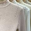 Women's Lace High-Neck Knit Sweater Autumn/Winter Beaded Solid Color Knit Pullover Sweater Stretch Knit Base Shirt