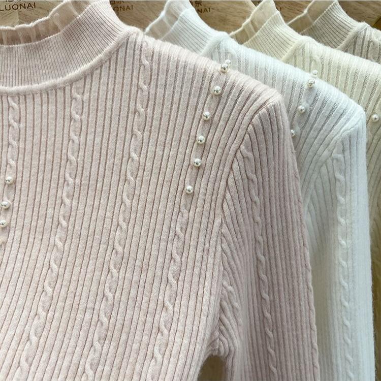 Women's Lace High-Neck Knit Sweater Autumn/Winter Beaded Solid Color Knit Pullover Sweater Stretch Knit Base Shirt