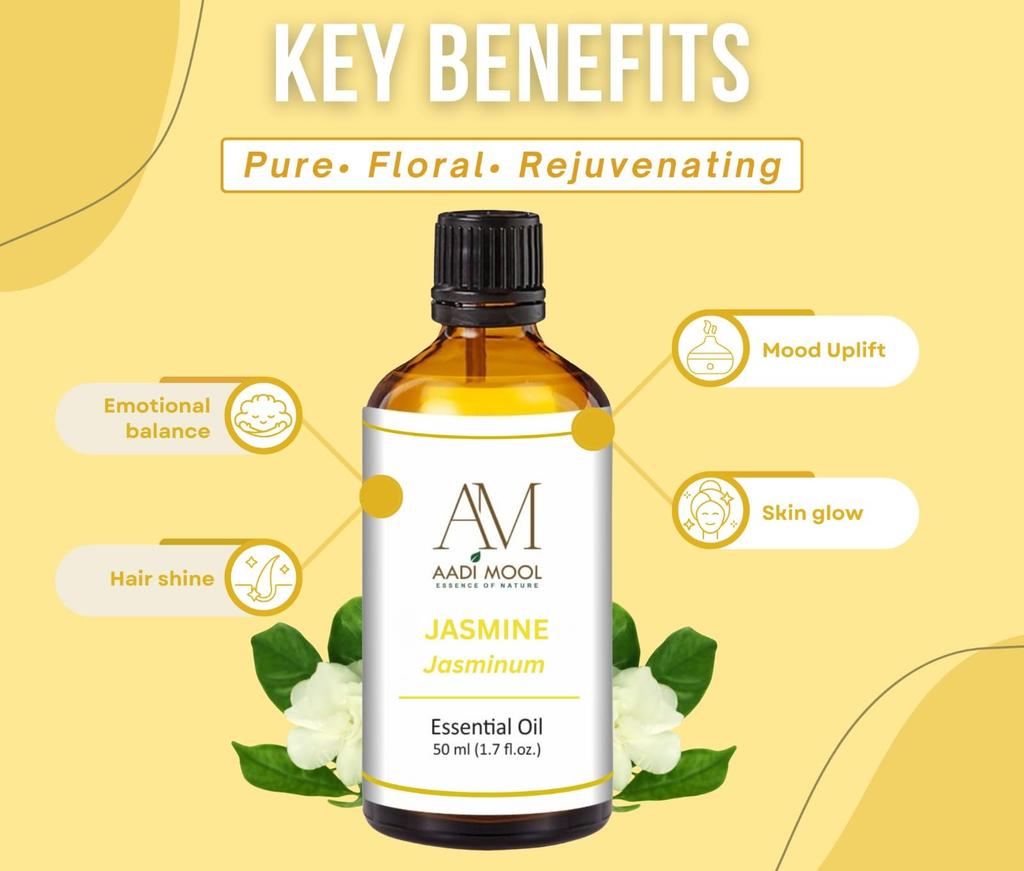 Aadi Mool Jasmine Essential Oil | Pure & Natural Jasmine Oil for Aromatherapy, Skin & Hair Care | Floral Essential Oil for Diffuser, Massage, Bat