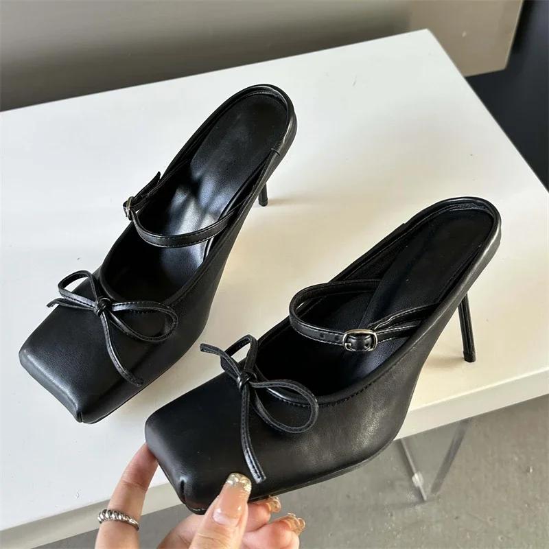 Eilyken Spring Bowknot Square Toe Women Slippers Sexy Buckle Strap Thin High Heels Prom Mule Pumps Shoes Zapatos De Mujer