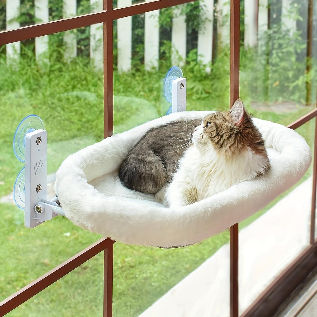 Deluxe Cordless Cat Window Perch Hammock with 4 Strong Suction Cups, Sturdy Metal Frame & Soft Plush Cover - Cozy Indoor Cat Bed