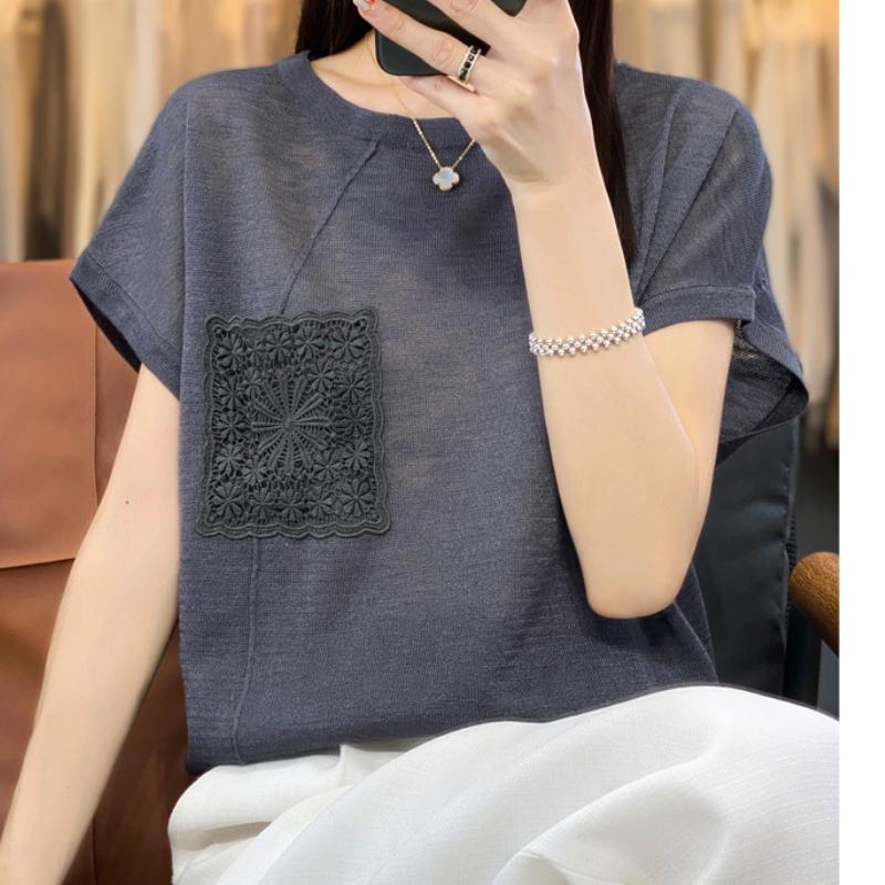 

Бамбуковый узел Хлопковый свитер с круглым вырезом, карманом с крючком, короткими рукавами, женский, модный, универсальный, трендовый топ, удобная базовая рубашка XL