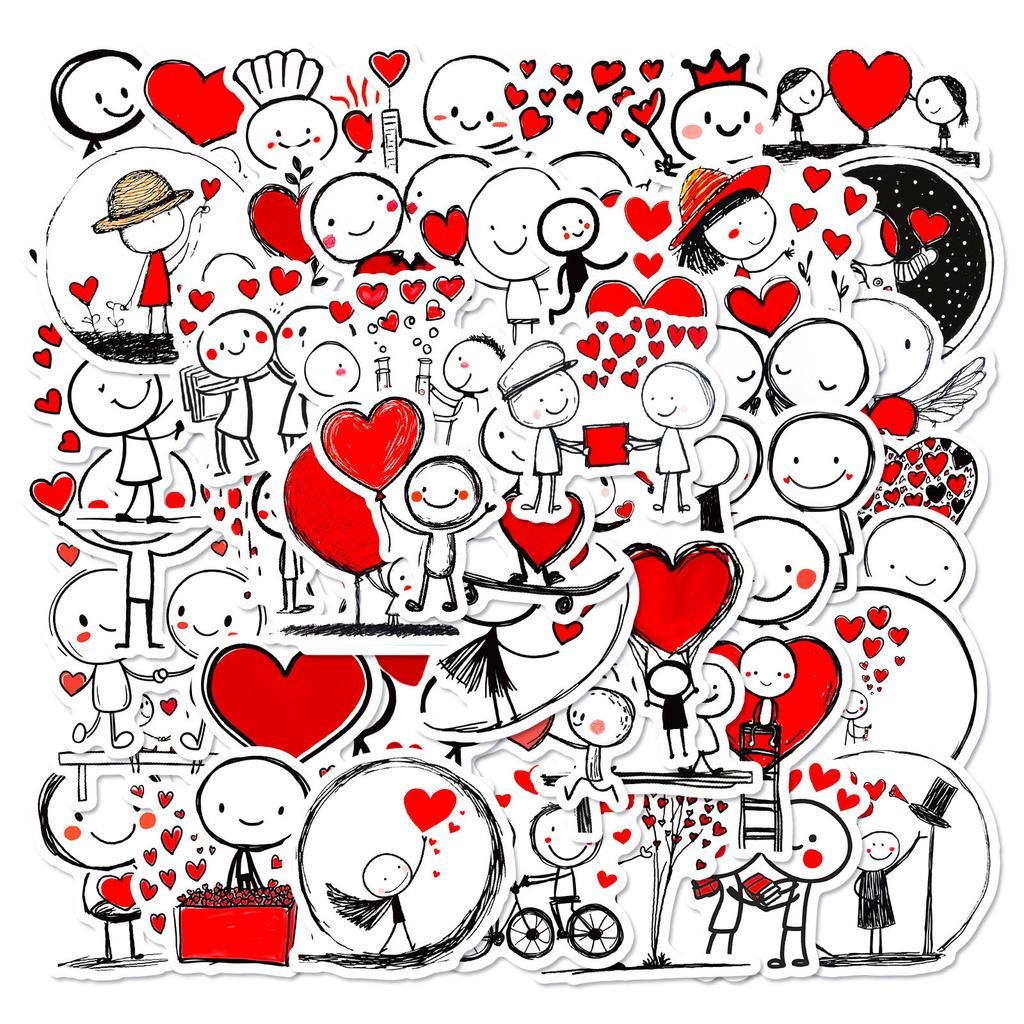 New 50 Red Love Lines Little Man Stickers Cute Healing DIY Hand Account Computer Notebook Stickers