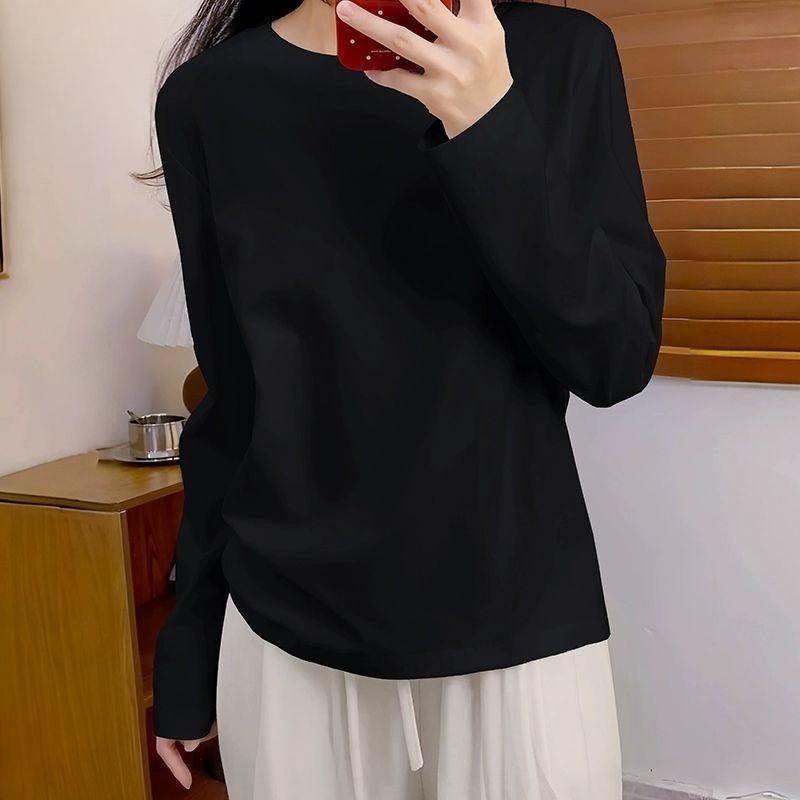 Cotton Round Neck Long Sleeve T-shirt Womens Autumn Fashion Basic White Top Loose Fit Casual Tee