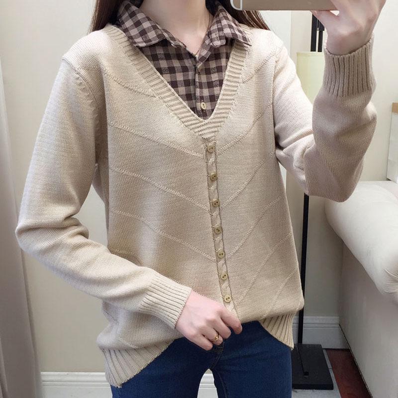 plain lapel patchwork winter loose sweater