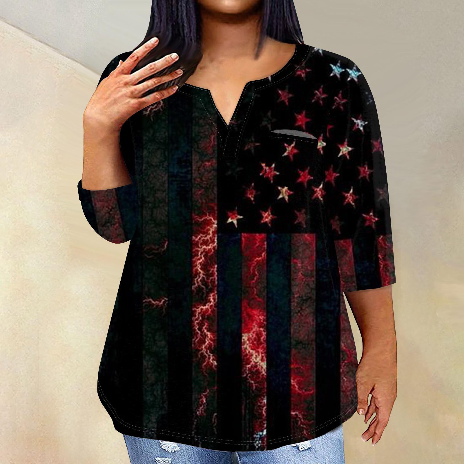 

Женский модный повседневный пуловер с рукавом три четверти с принтом в честь Дня независимости и V-образным вырезом, топ с рукавами 3/4 XXXXL