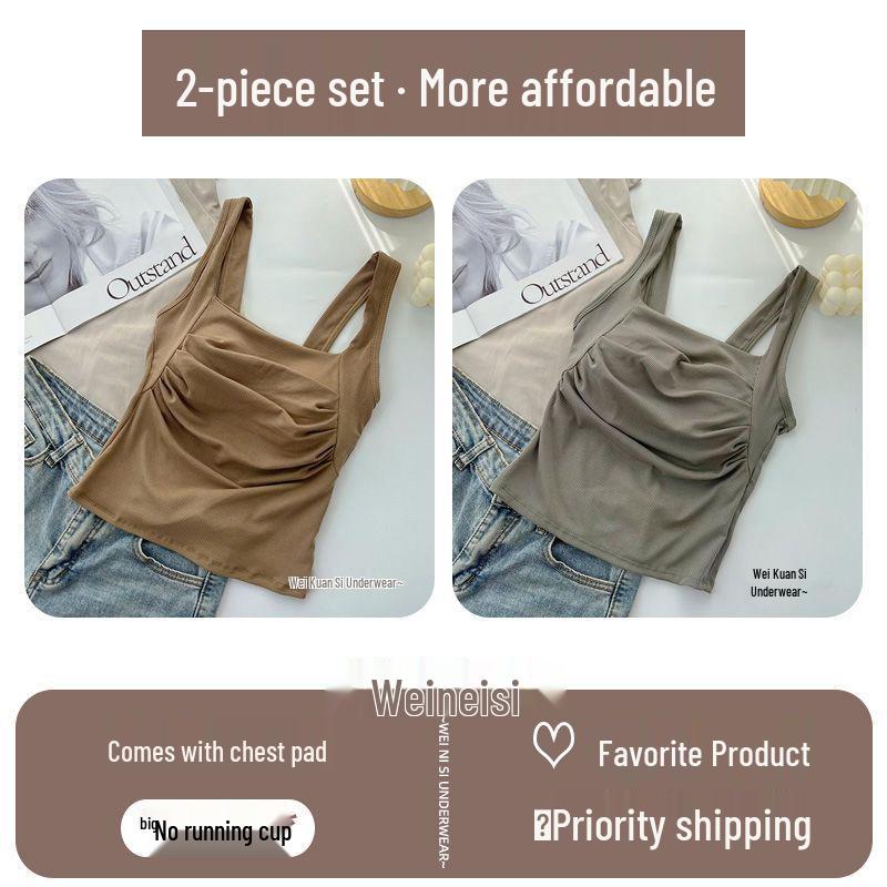 Korean Ruffled Spaghetti Strap Women's Tank with Chest Pads - Sexy Backless Slimming Base Layer