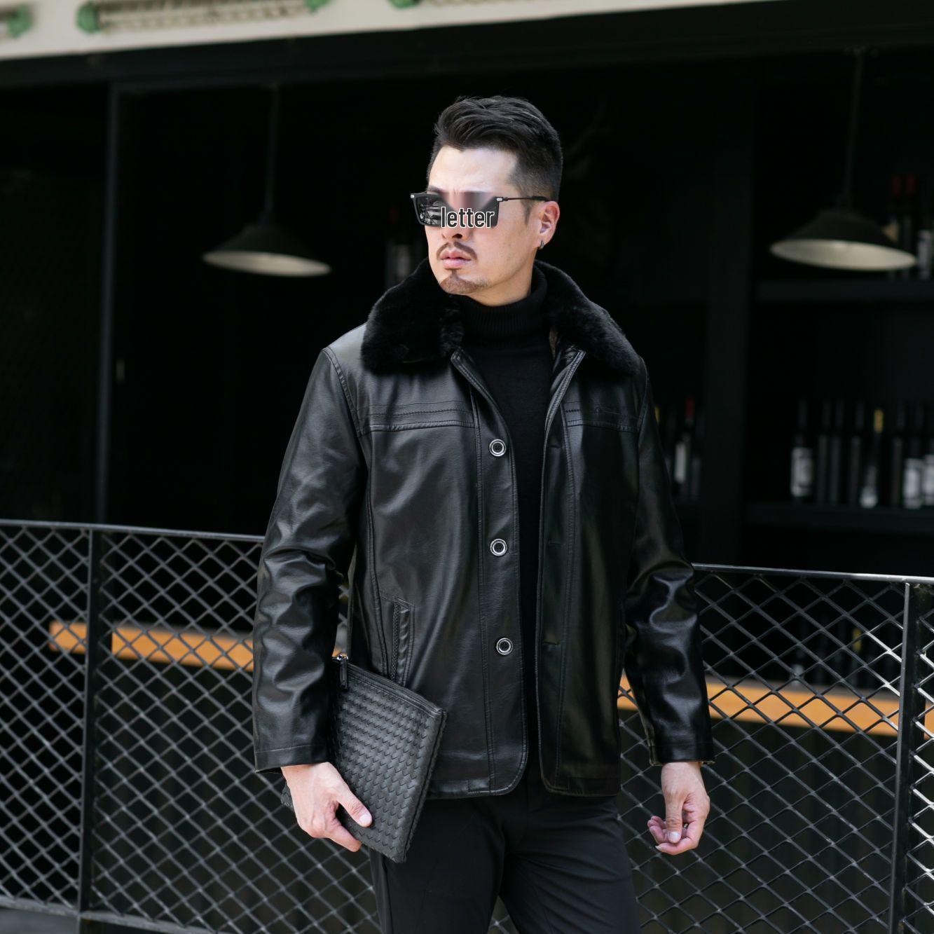 

Men s Plus Velvet Leather Jacket with Thickened Fur Collar, Autumn/Winter Warmth, Ideal for Middle-Aged and Elderly Dads and Grandpas. 190/104A 90-100 kg чорний