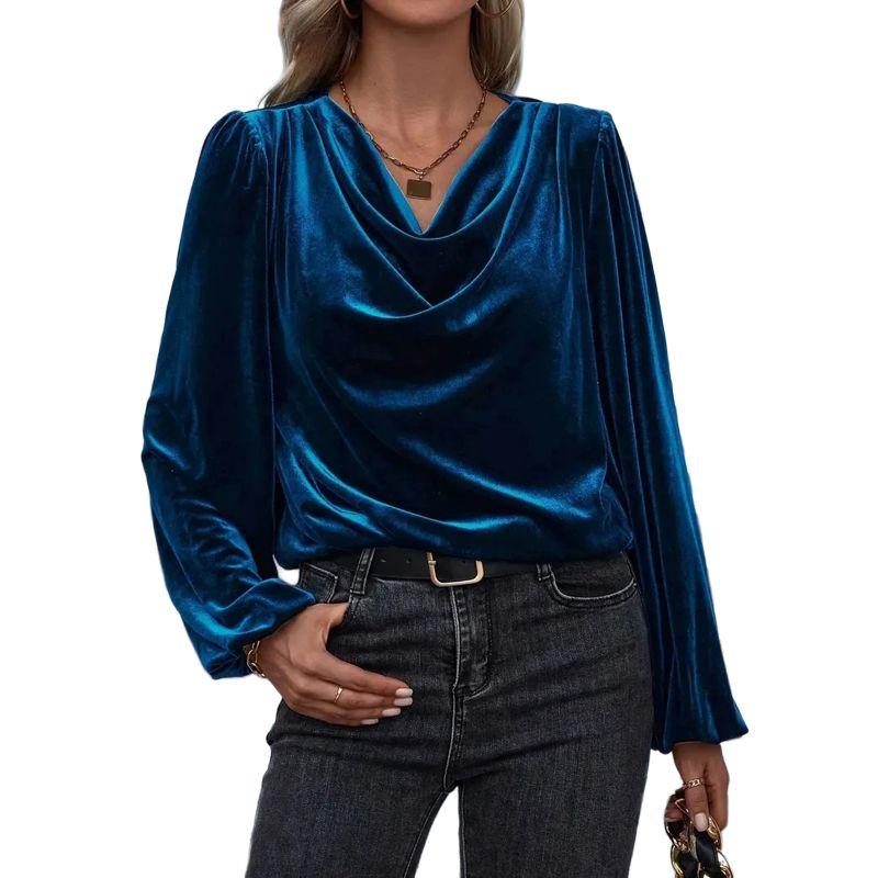 Women Swing Collar Long Sleeve Velvet Top