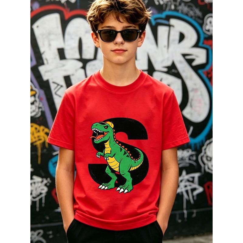 Erkek Yuvarlak Yaka Tişört, Şapkalı Vintage Yıpranmış T-Rex S Harfi Baskılı