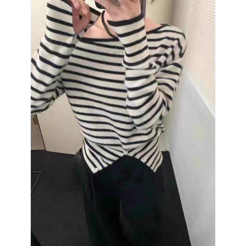 Blended Striped One-neck Knitted Sweater Women's Autumn New Fashionable Pullover Sweater Slim-fit High-end Top