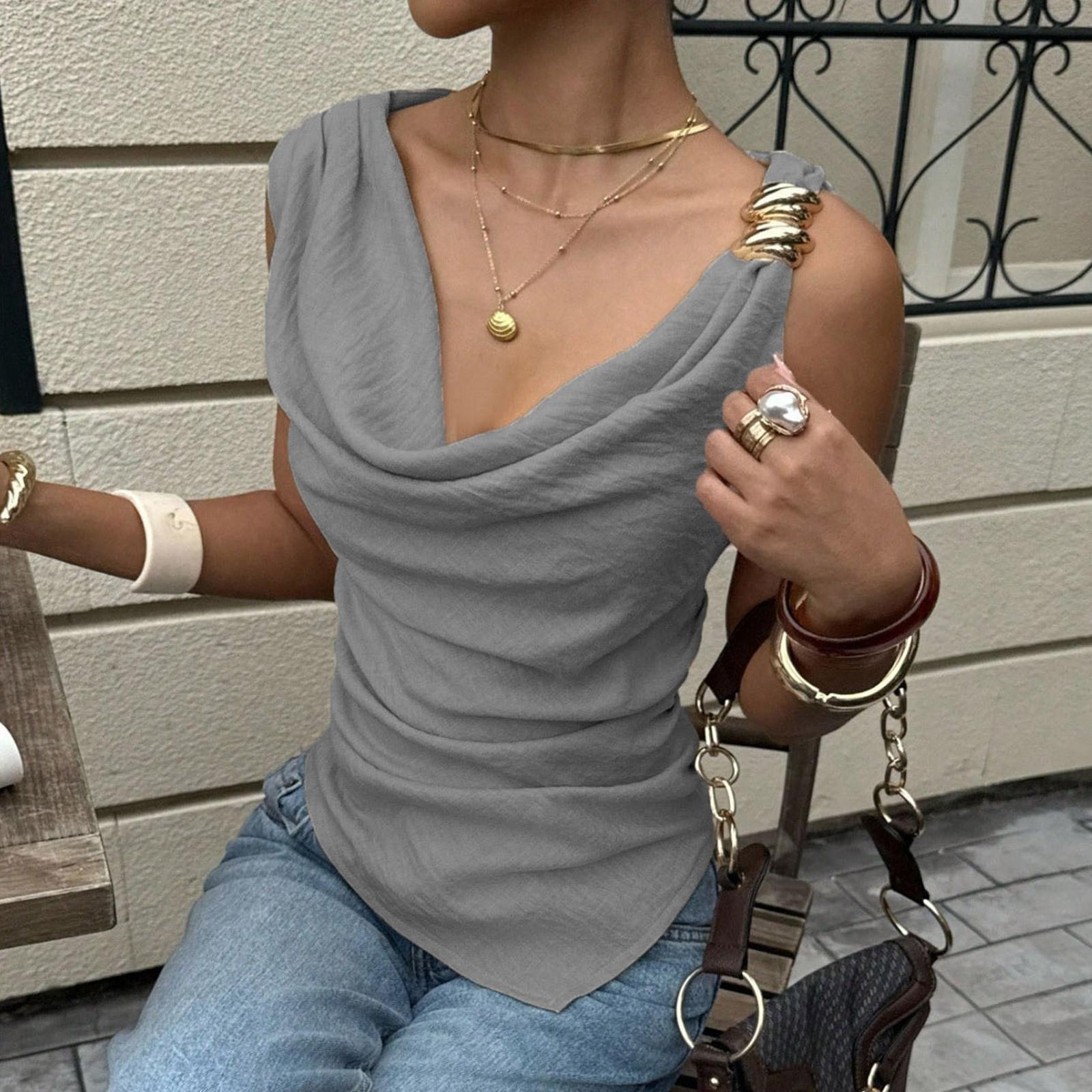 Sleeveless Drape Neck Top for Women Fashionable Loose Fit Blouse with Decorative Soft Lightweight Fabric XL