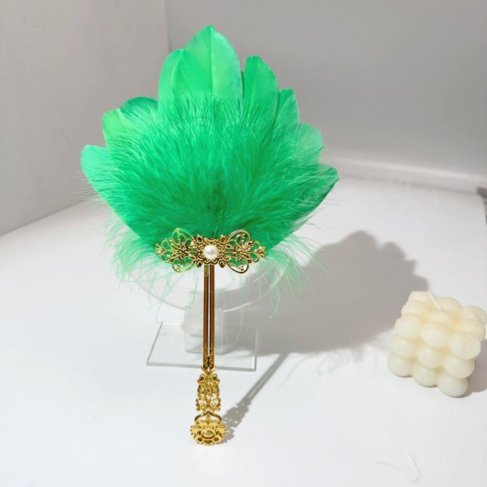 Gold Handle Fluffy Feather Fan Colorful Chinese Style Fan Dance Fan  Stage Performances зелёный