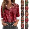 Skjortebluse for kvinner Juletrykkknapp Langermet Casual Basic skjortekrage Vanlig topp