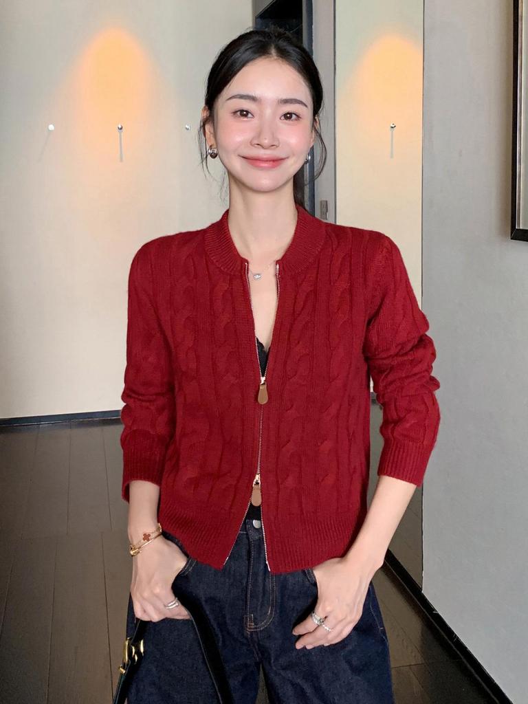 Women's Wool Double Zipper Cable Knit Cardigan - Autumn/Winter Fashion Coat